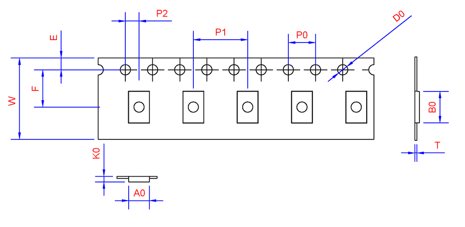 OX3 16mm Wide Carrier Tape, 08mm Pitch · 03.40 × 05.64 × 00.75mm pocket