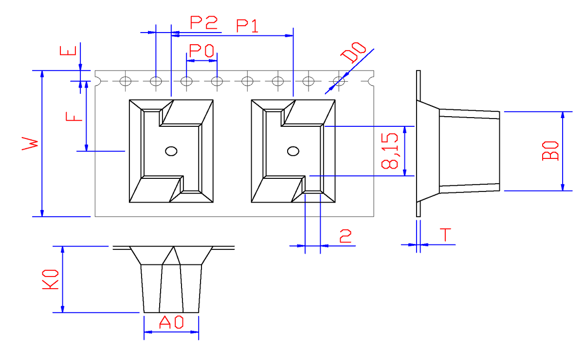 ABK 07.15 × 13.00 × 08.40mm pocket in OX3 24mm wide carrier tape, 16mm pitch, 24 m/reel