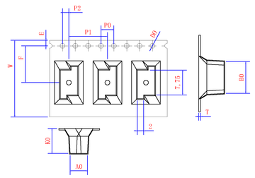 OX3 24mm Wide Carrier Tape, 12mm Pitch · 05.40 × 10.00 × 07.85mm pocket, 26 m/Reel