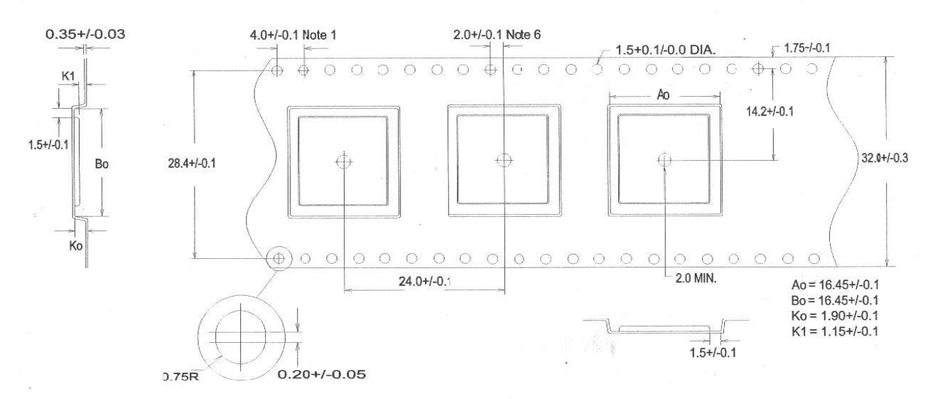 OX3 32mm Wide Carrier Tape, 24mm Pitch · 16.45 × 16.45 × 01.90mm pocket, 86 m/Reel