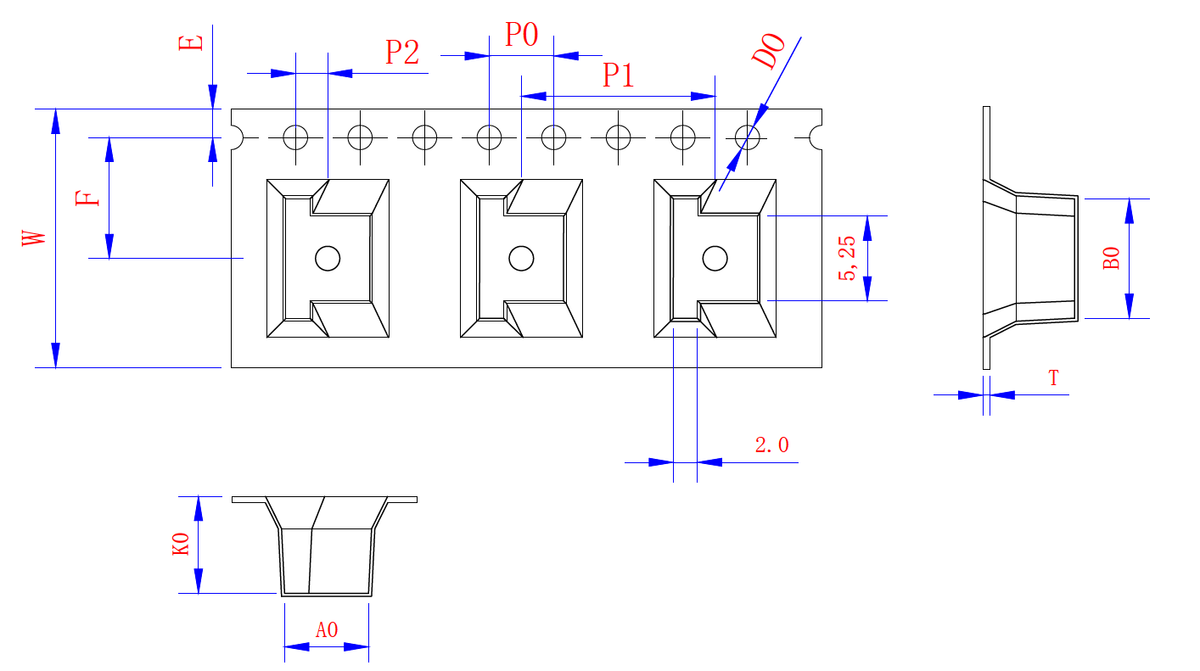 ABK 07.55 × 07.45 × 05.30mm pocket in OX3 16mm wide carrier tape, 12mm pitch, 40 m/reel